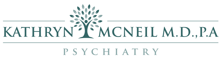 Logo for Kathryn McNeil, M.D., P.A., Psychiatry. Features a stylized tree graphic between the name, with "PSYCHIATRY" written below.