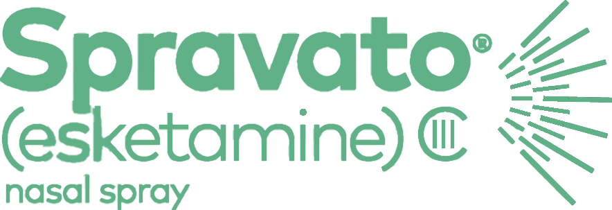 Image of the Spravato (esketamine) nasal spray logo. The text is in green with stylized lines resembling spray or light rays on the right side.