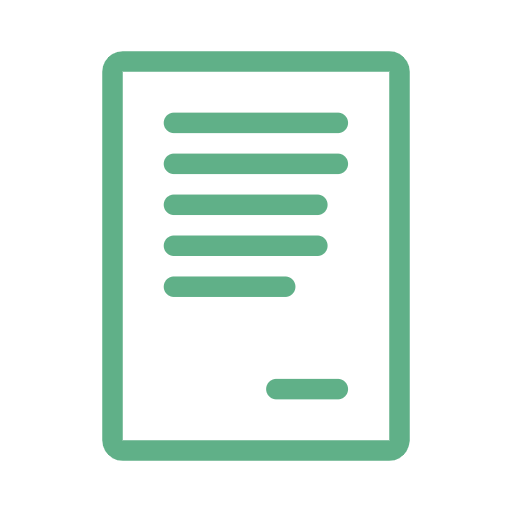 Icon of a green document with horizontal lines representing text and a small rectangle at the bottom, symbolizing a signature or footer. The background is transparent.