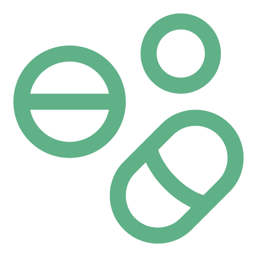 Three green outlined pill icons of different shapes: a circle with a horizontal line, an oval capsule, and an empty circle on a green background.